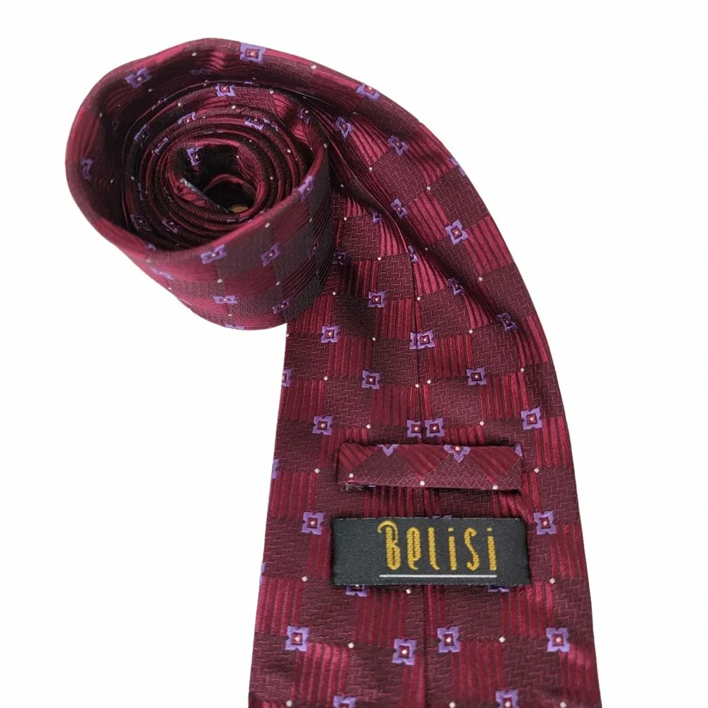 BELISI Gingham Floral Burgundy Silk Power‎ Tie Handmade Wide Patterned Jacquard